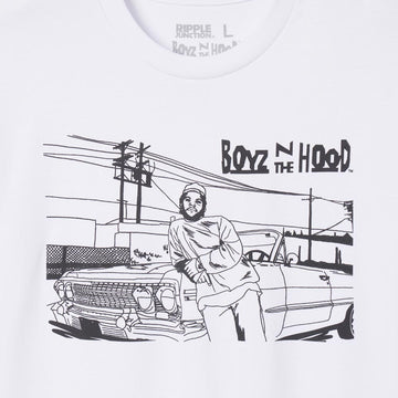 T-shirt with 'Boyz N The Hood' graphic design featuring a person leaning against a car. Adult Men's T-shirt. Adult Women's tee shirt top exclusive design from The Academy Museum Los Angeles